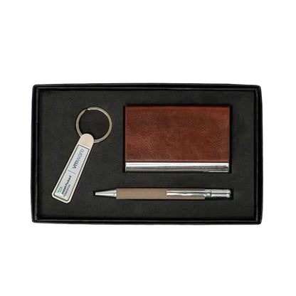 Gift set With Business card case, Ballpoint pen with Silver trimming & Keychain
