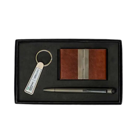 Flexet Cardcase set With leatherette Card case, Ball Point Pen & Silver Keychain