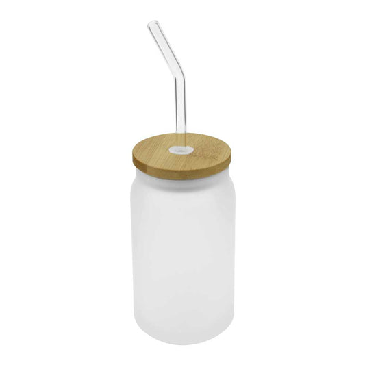 Glass Bottle with Straw and Bamboo Lid 455 ml Capacity