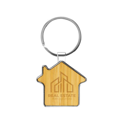 Bamboo and Metal Keychain House Shaped 32mm