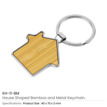 Bamboo and Metal Keychain House Shaped 32mm