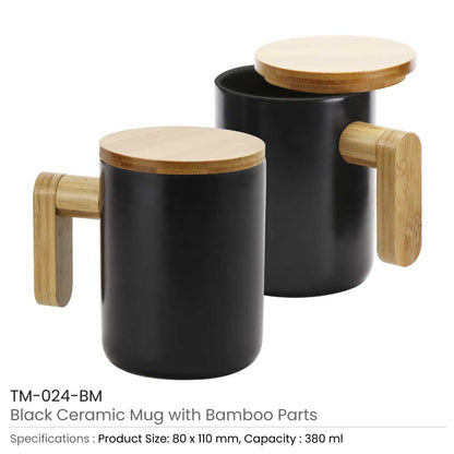 Black Ceramic Coffee Mugs with Bamboo Handle and Lid