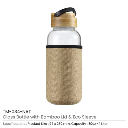 Glass Bottles with Bamboo Lid and Eco Sleeve, 1 liter