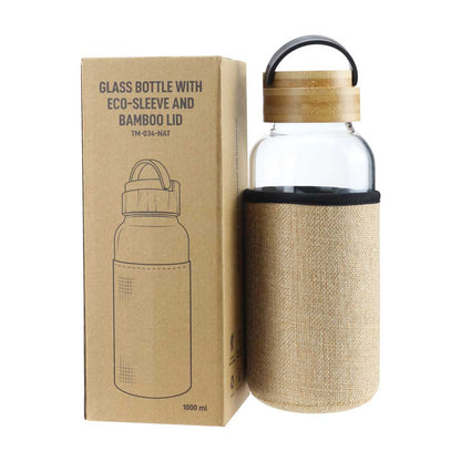 Glass Bottles with Bamboo Lid and Eco Sleeve, 1 liter