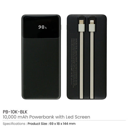 10,000 mAh Powerbank with LED Screen & Built-in Type-C Cable