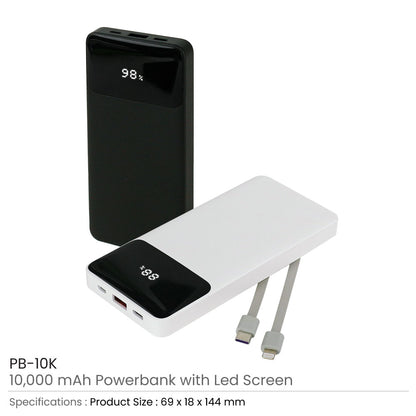 10,000 mAh Powerbank with LED Screen & Built-in Type-C Cable
