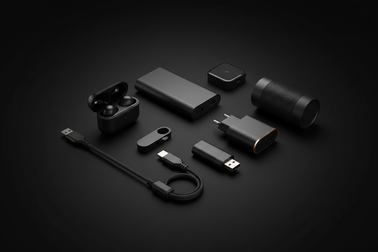 Technolgy promotional gifts all in black theme, black background etc